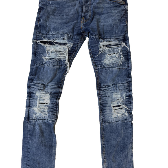H&M Jeans Mens 32 Blue Skinny Distressed Ripped Destroyed Frayed Denim Rips Y2K - Picture 2 of 8